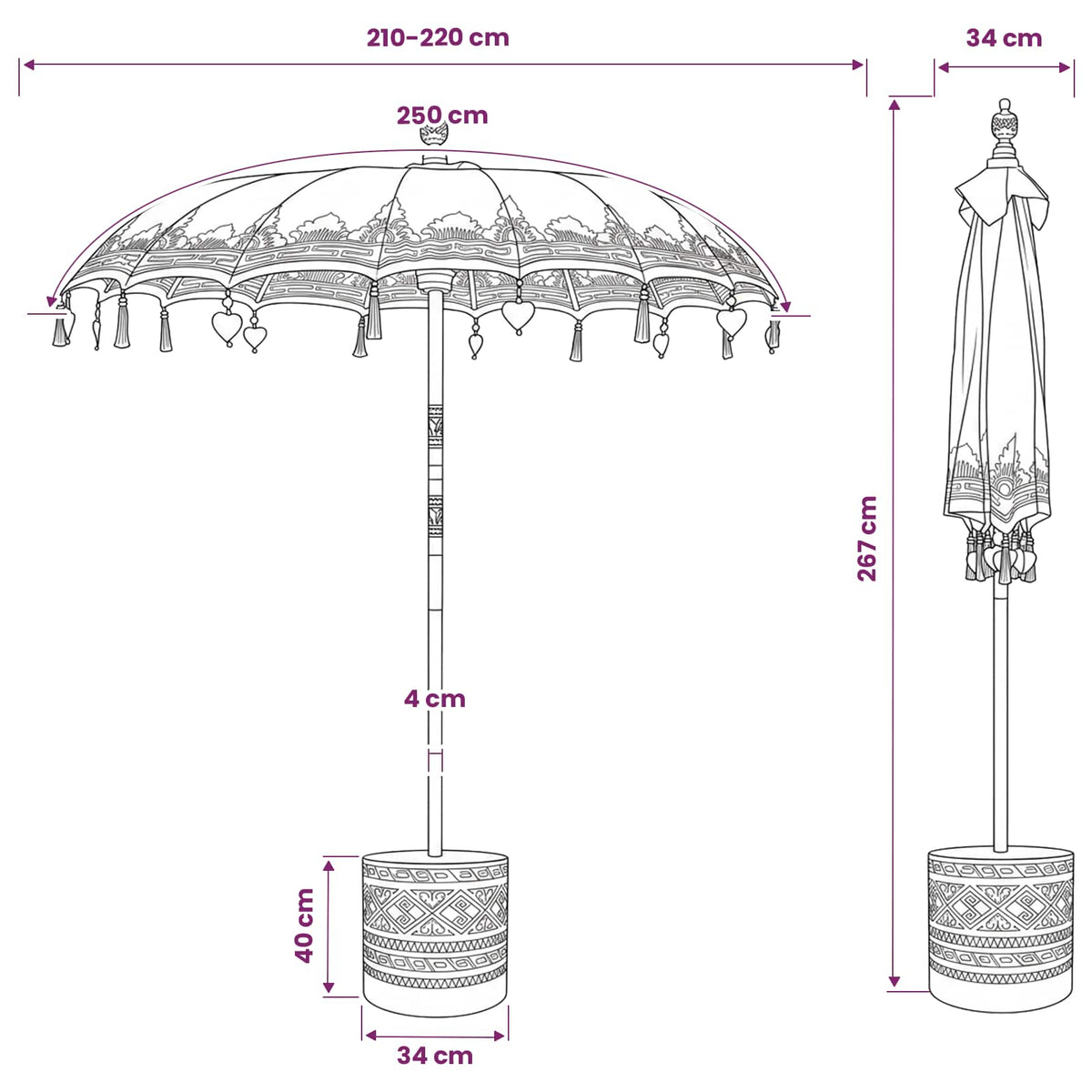 vidaXL Balinese Parasol with Base 2 pcs Pink