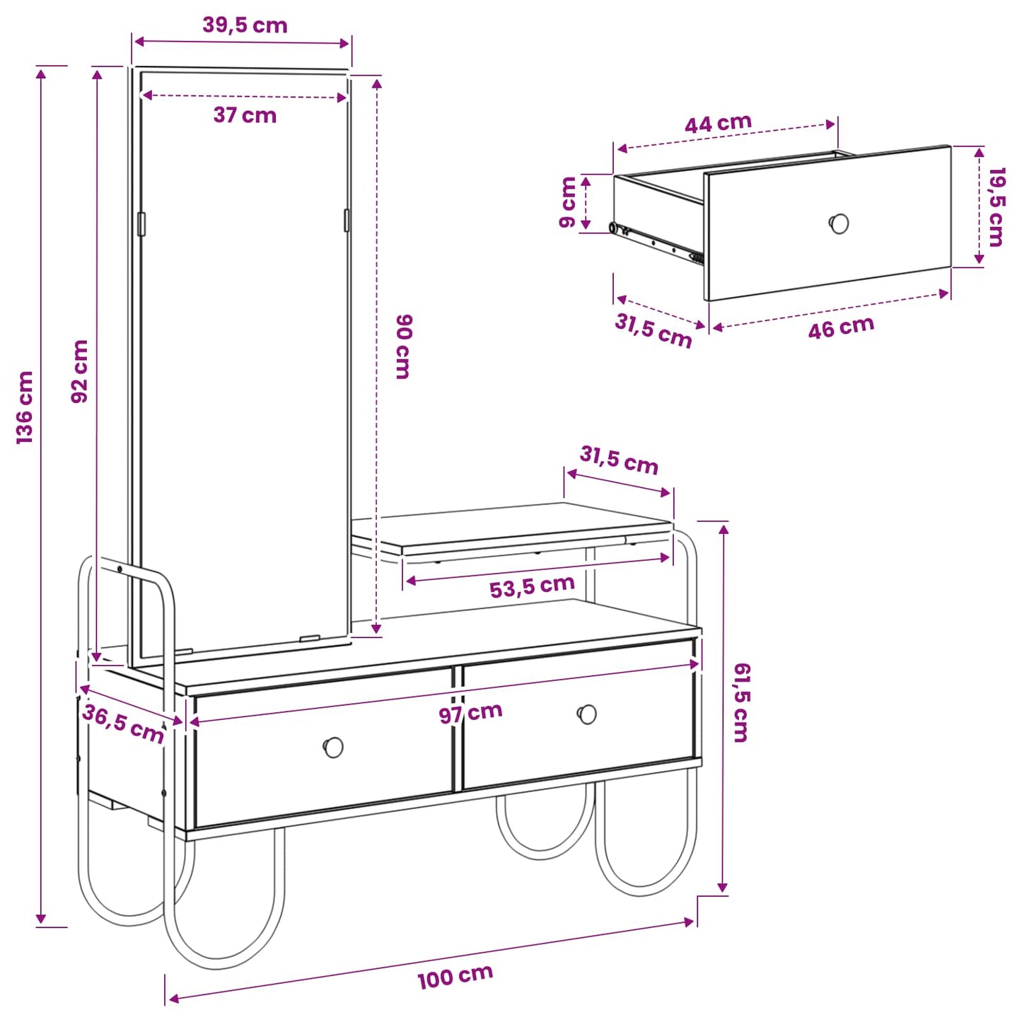 vidaXL Dressing Table Smoked Oak 100 x 36.5 x 136 cm Engineered Wood