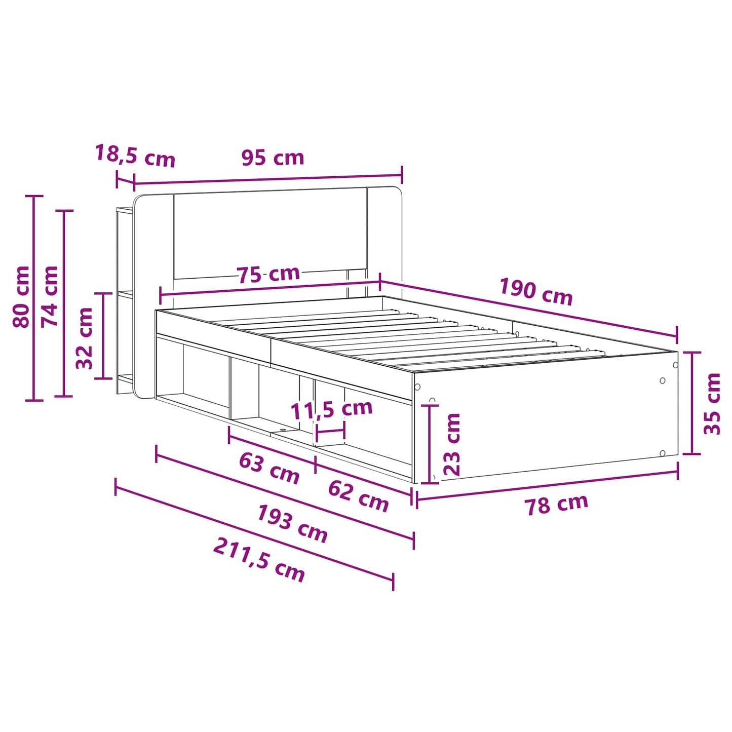 vidaXL Bed Frame with Storage Black 75 x 190 cm Engineered Wood