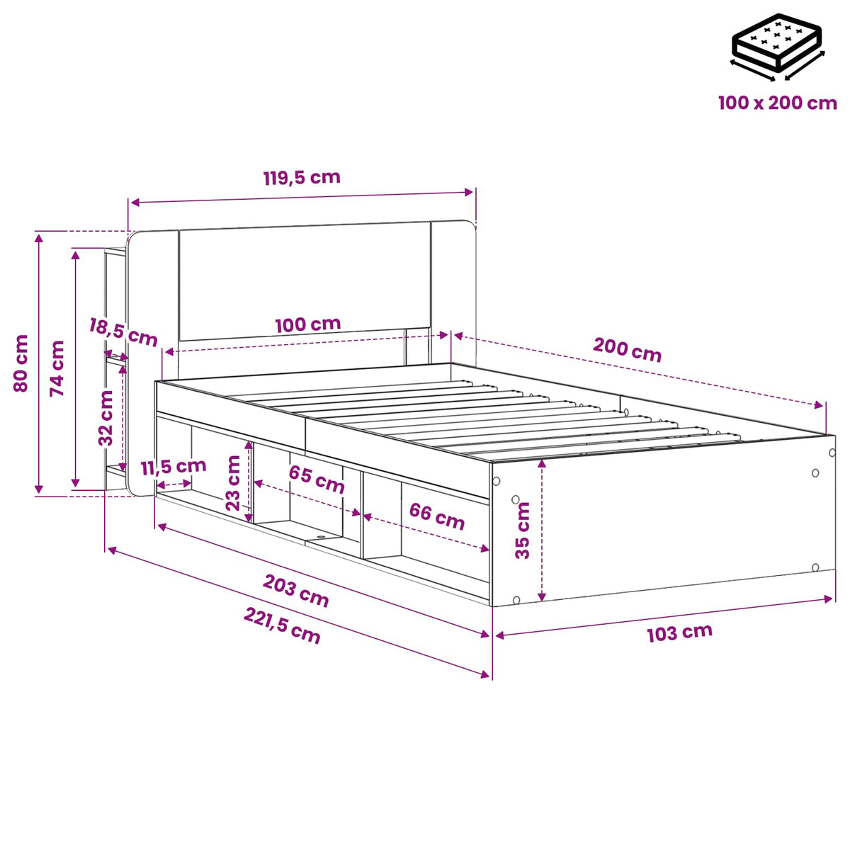 vidaXL Bed Frame with Storage Artisan Oak 100 x 200 cm Engineered Wood