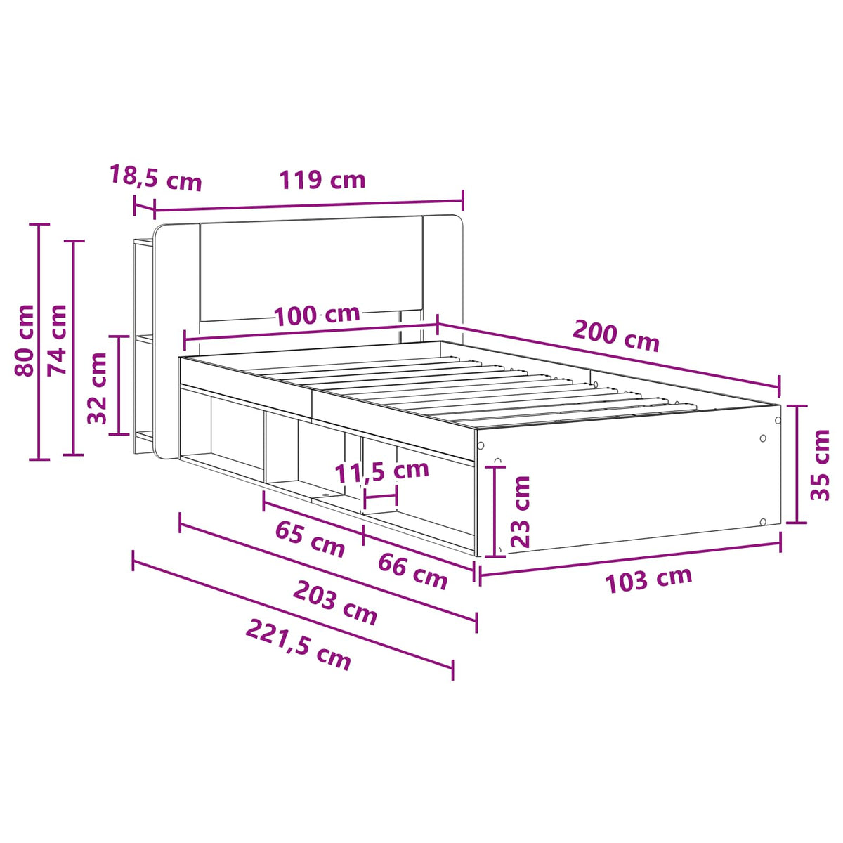vidaXL Bed Frame with Storage Grey Sonoma 100 x 200 cm Engineered Wood