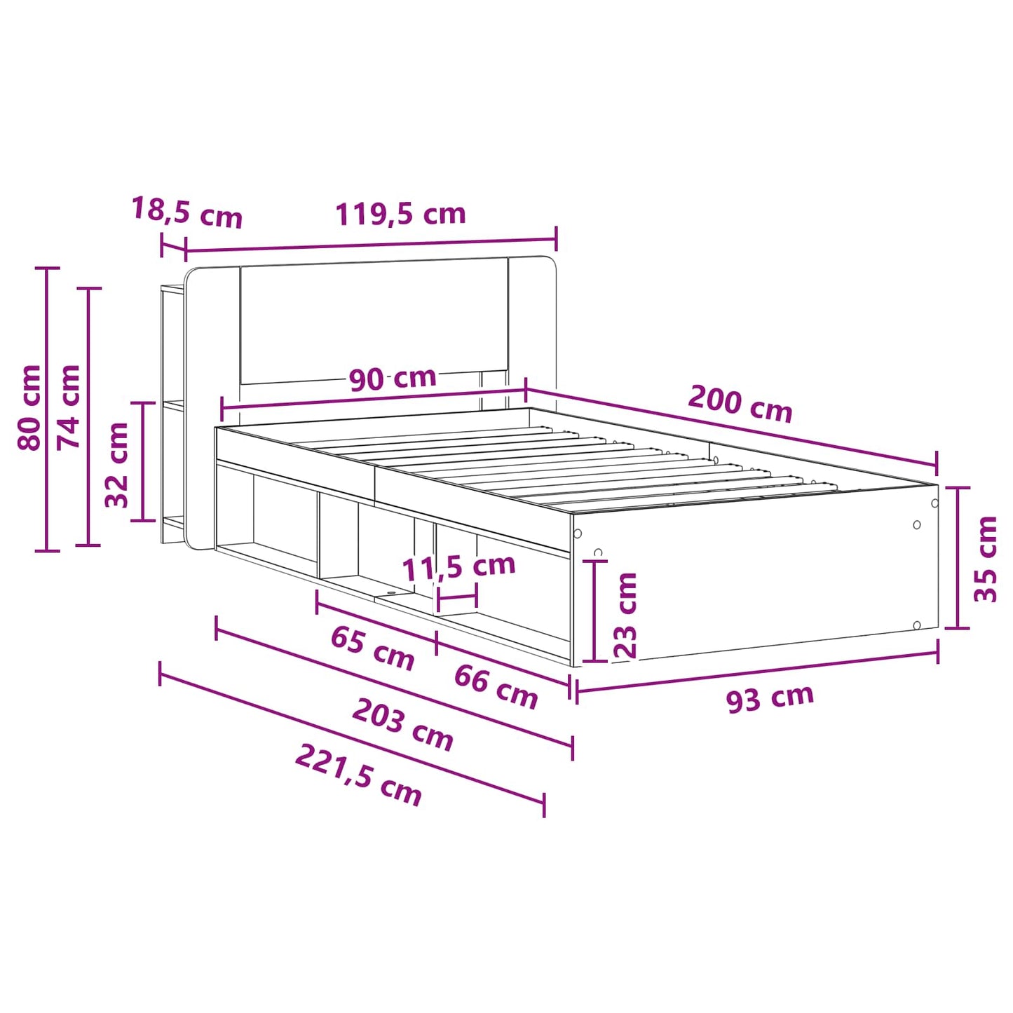 vidaXL Bed Frame with Storage Black 90 x 200 cm Engineered Wood