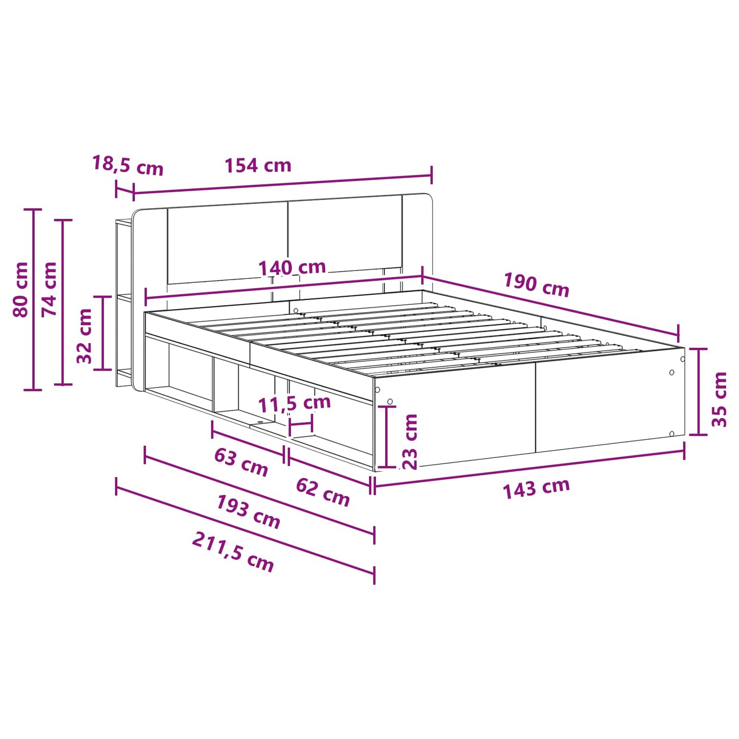 vidaXL Bed Frame with Storage Artisan Oak 140 x 190 cm Engineered Wood
