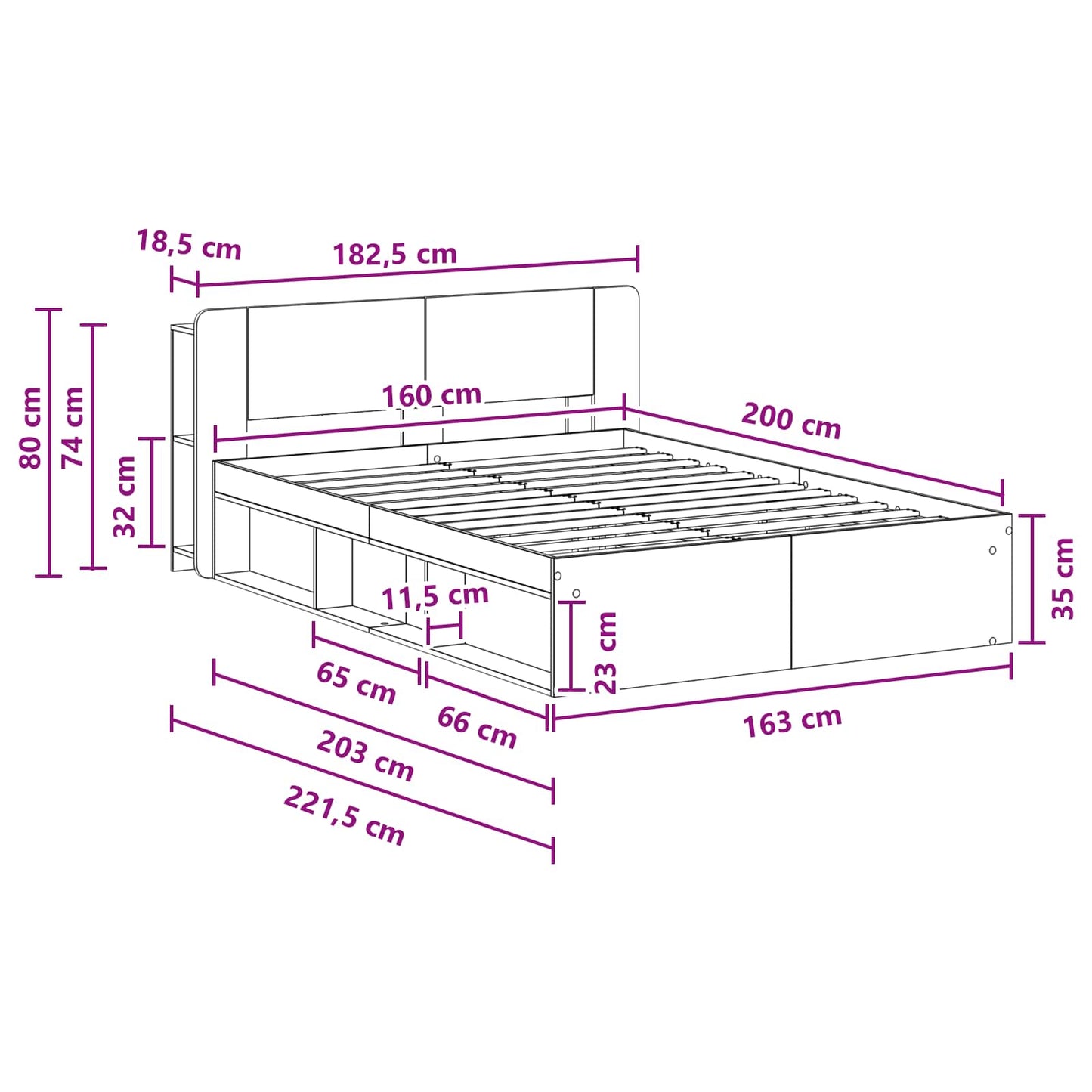vidaXL Bed Frame with Storage Grey Sonoma 160 x 200 cm Engineered Wood