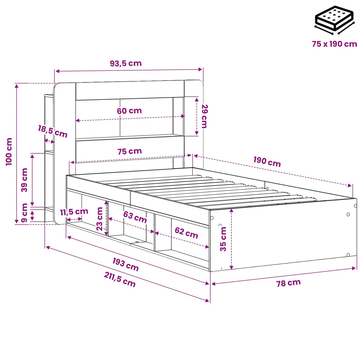 vidaXL Bed Frame with Storage Black 75 x 190 cm Engineered Wood
