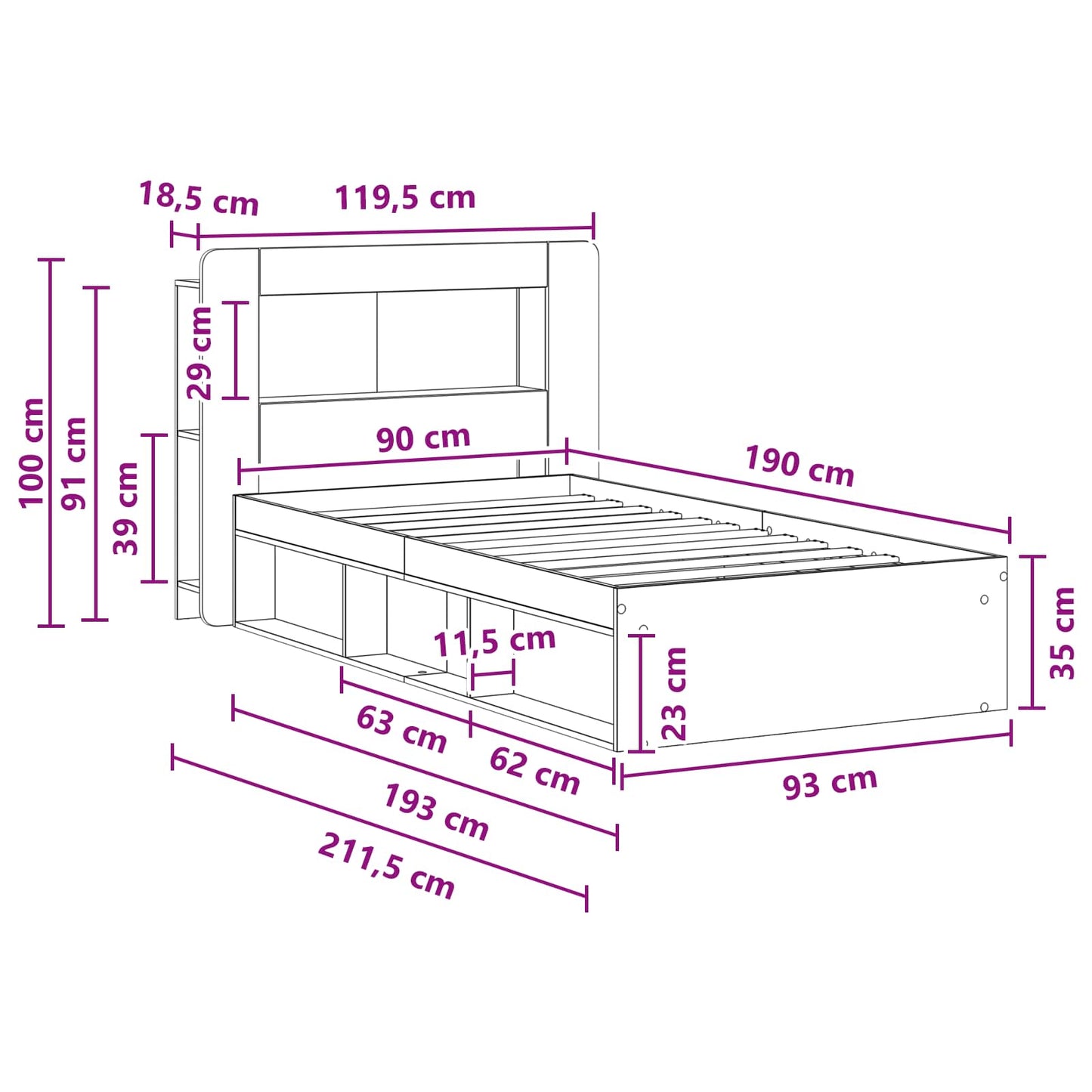 vidaXL Bed Frame with Storage Artisan Oak 90 x 190 cm Engineered Wood