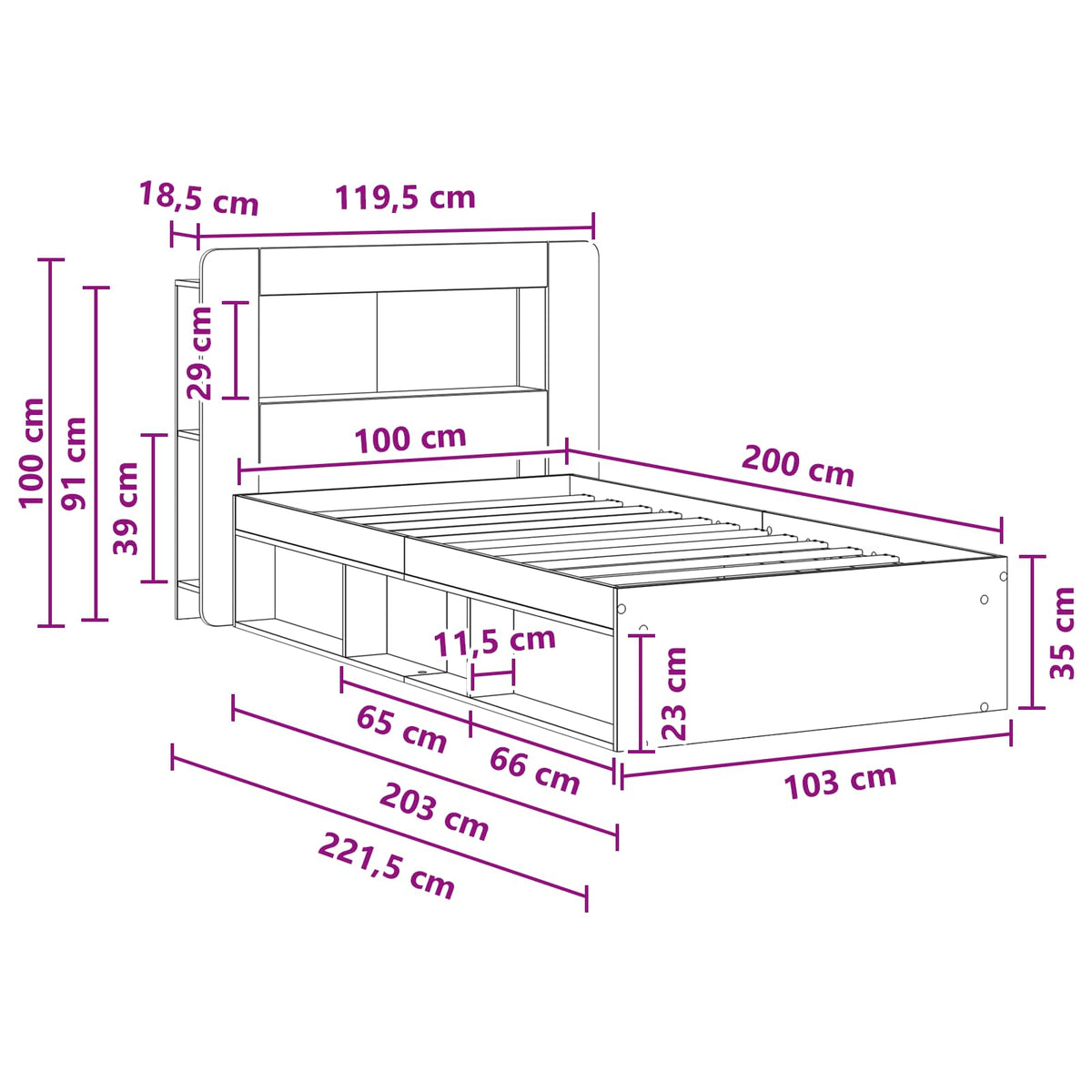 vidaXL Bed Frame with Storage Grey Sonoma 100 x 200 cm Engineered Wood