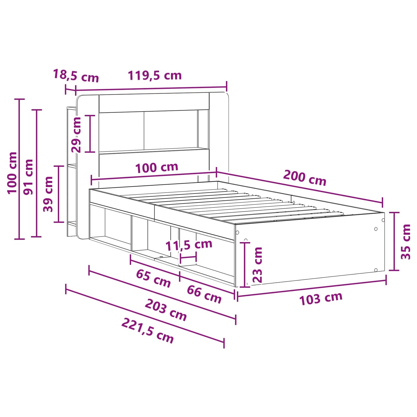 vidaXL Bed Frame with Storage Smoked Oak 100 x 200 cm Engineered Wood
