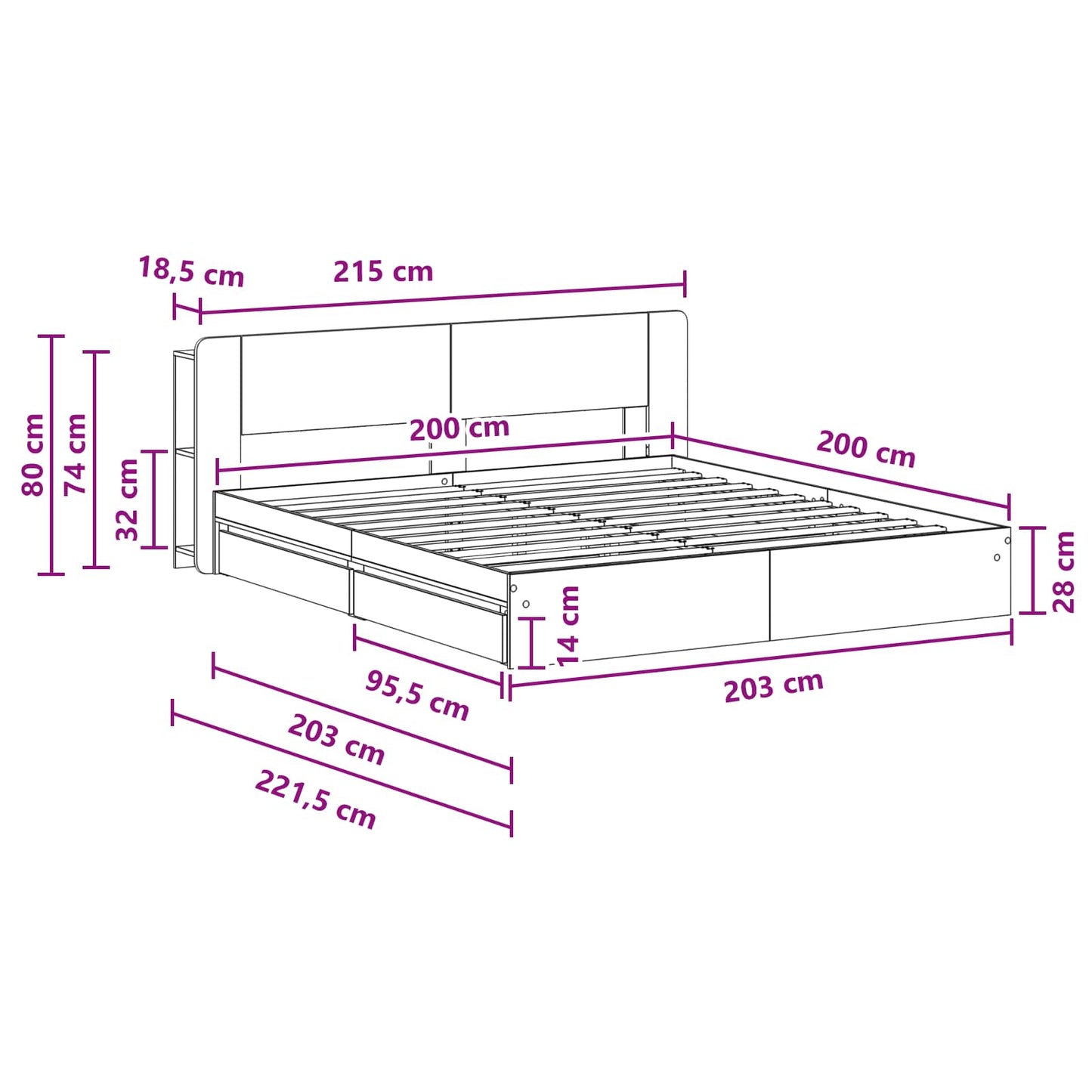 vidaXL Bed Frame with Storage with Drawer Concrete Grey 200 x 200 cm