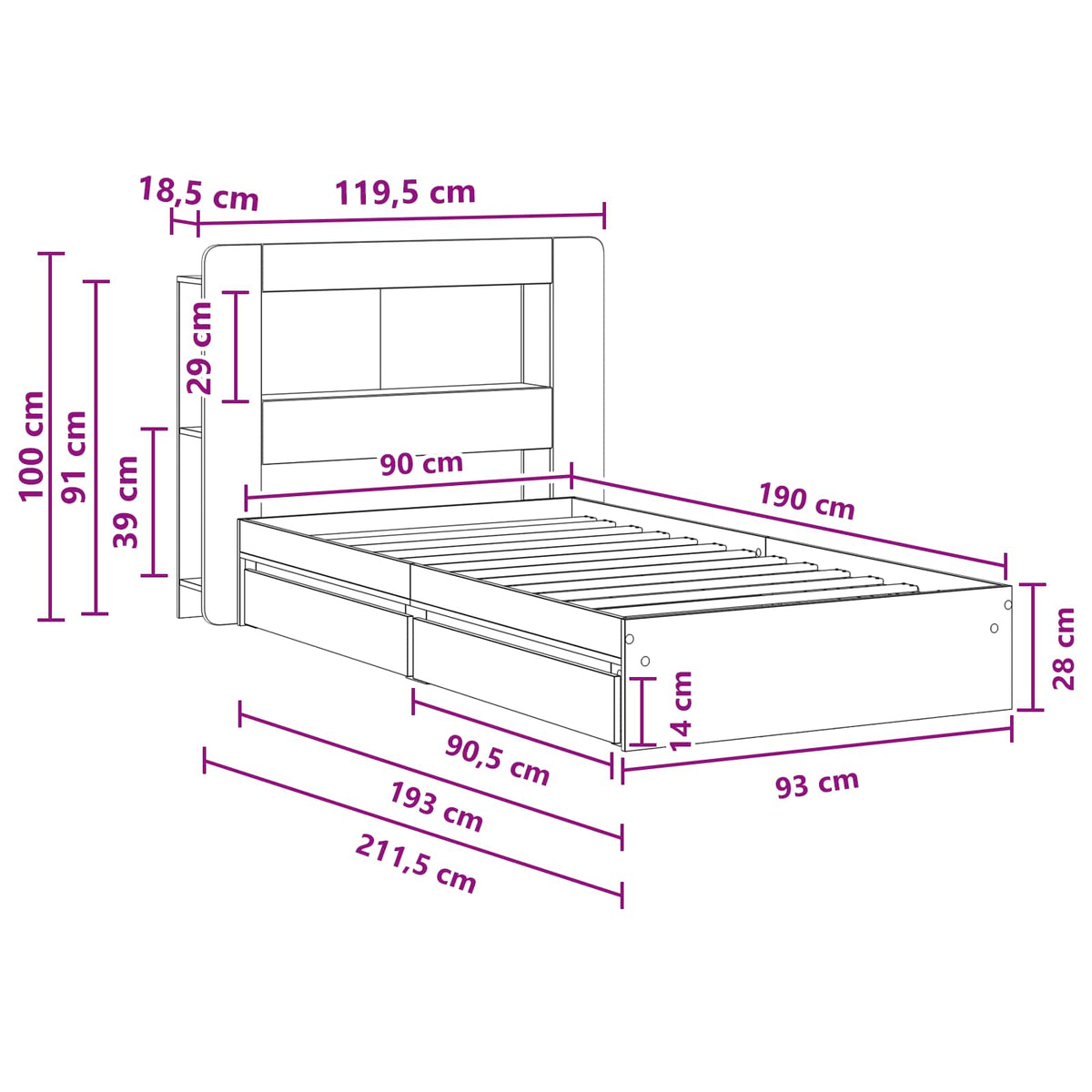 vidaXL Bed Frame with Storage Smoked Oak 90 x 190 cm Engineered Wood