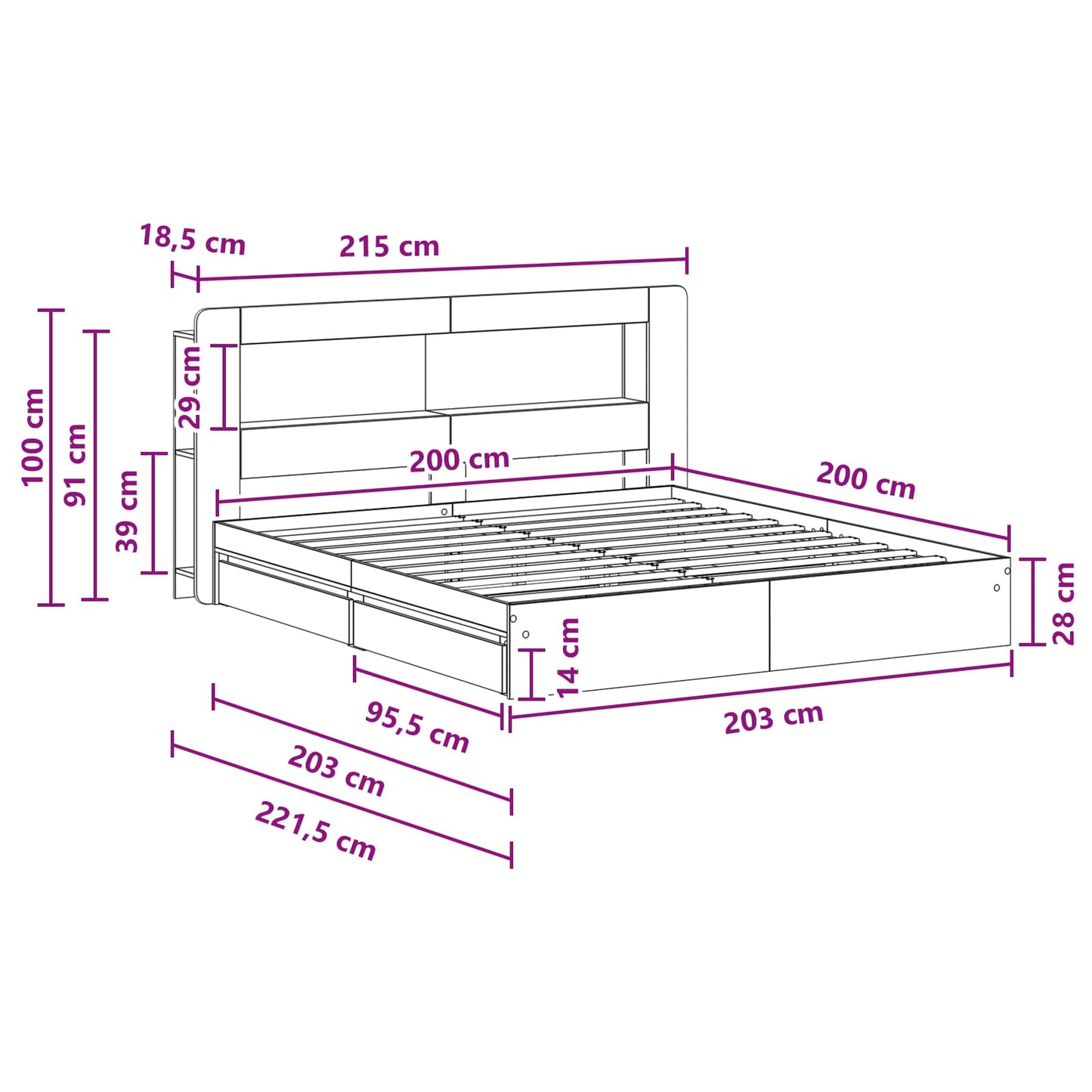 vidaXL Bed Frame with Storage Black 200 x 200 cm Engineered Wood