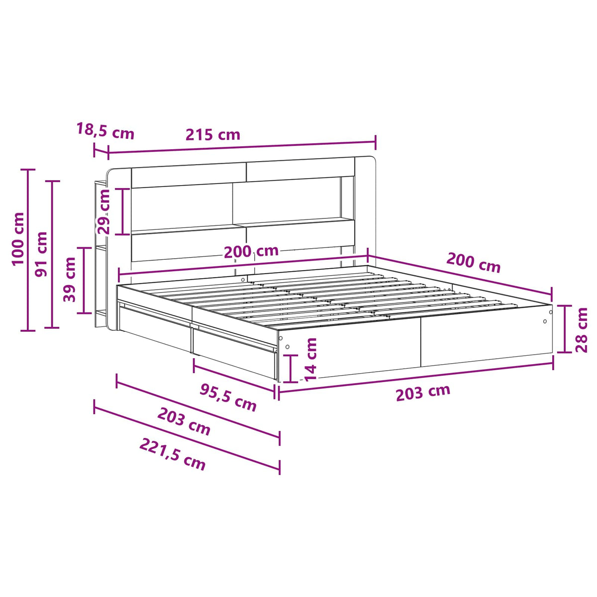vidaXL Bed Frame with Storage Grey Sonoma 200 x 200 cm Engineered Wood
