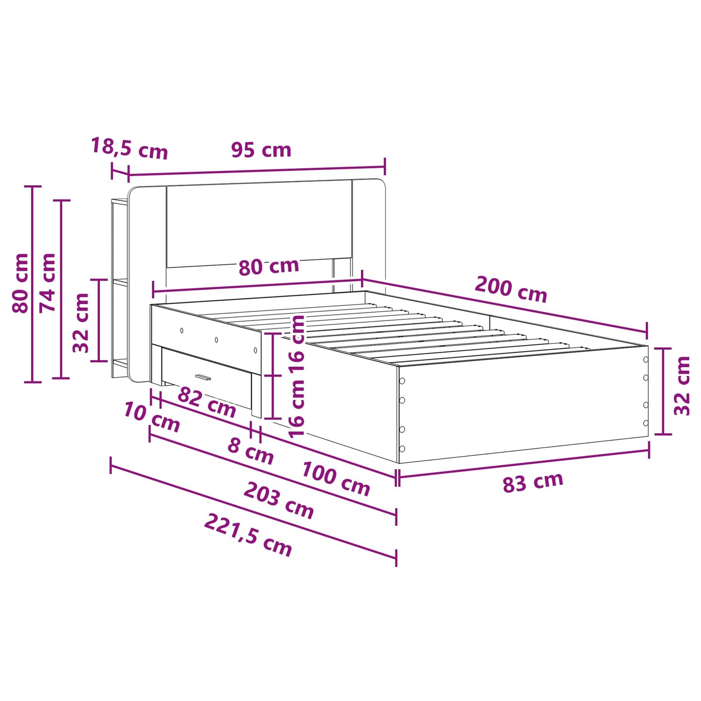 vidaXL Bed Frame with Storage Smoked Oak 80 x 200 cm Engineered Wood