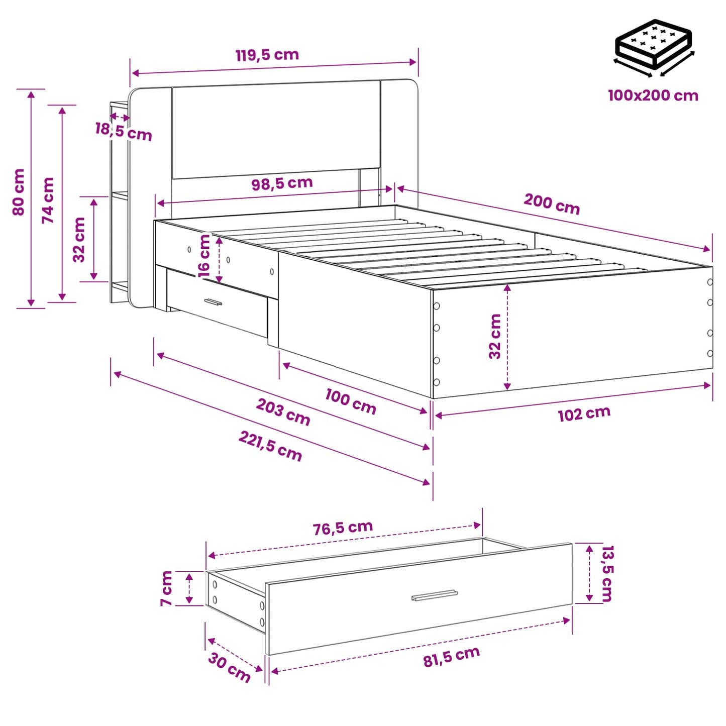 vidaXL Bed Frame with Storage Old Wood 100 x 200 cm Engineered Wood