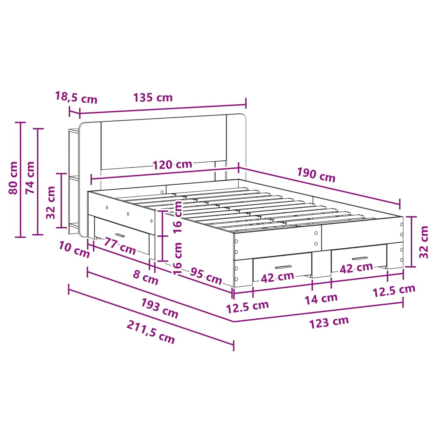 vidaXL Bed Frame with Storage Grey Sonoma 120 x 190 cm Engineered Wood