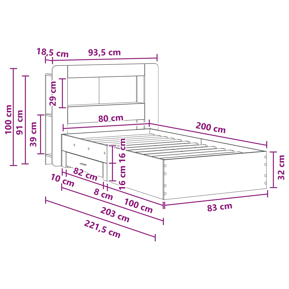 vidaXL Bed Frame with Storage Grey Sonoma 80 x 200 cm Engineered Wood