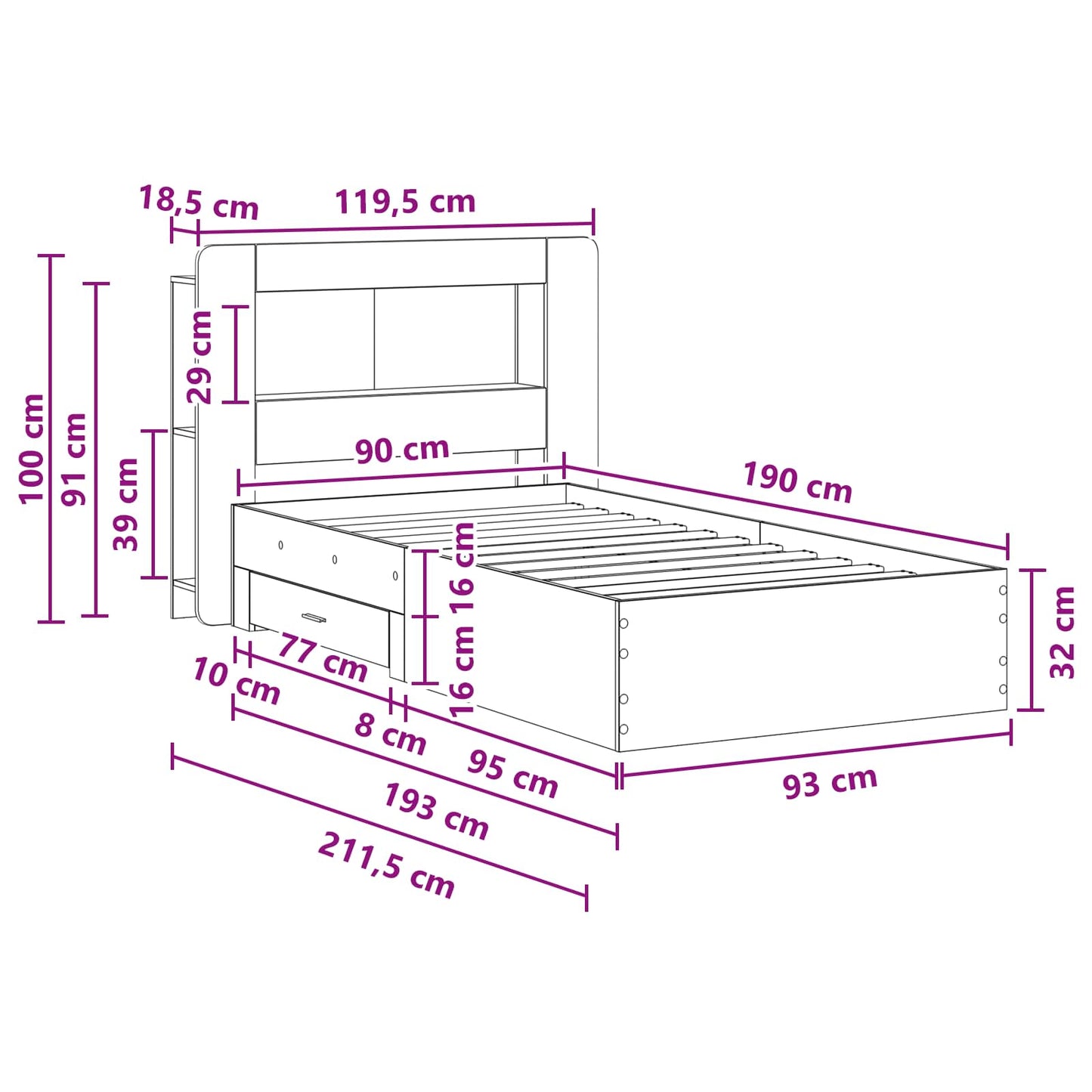 vidaXL Bed Frame with Storage Artisan Oak 90 x 190 cm Engineered Wood