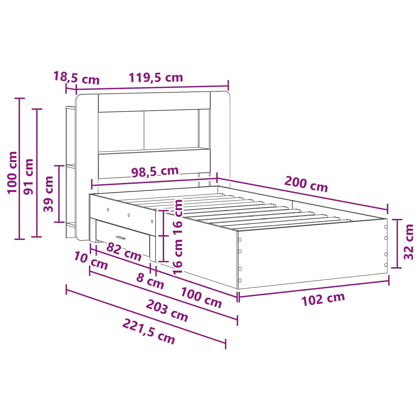 vidaXL Bed Frame with Storage Smoked Oak 100 x 200 cm Engineered Wood
