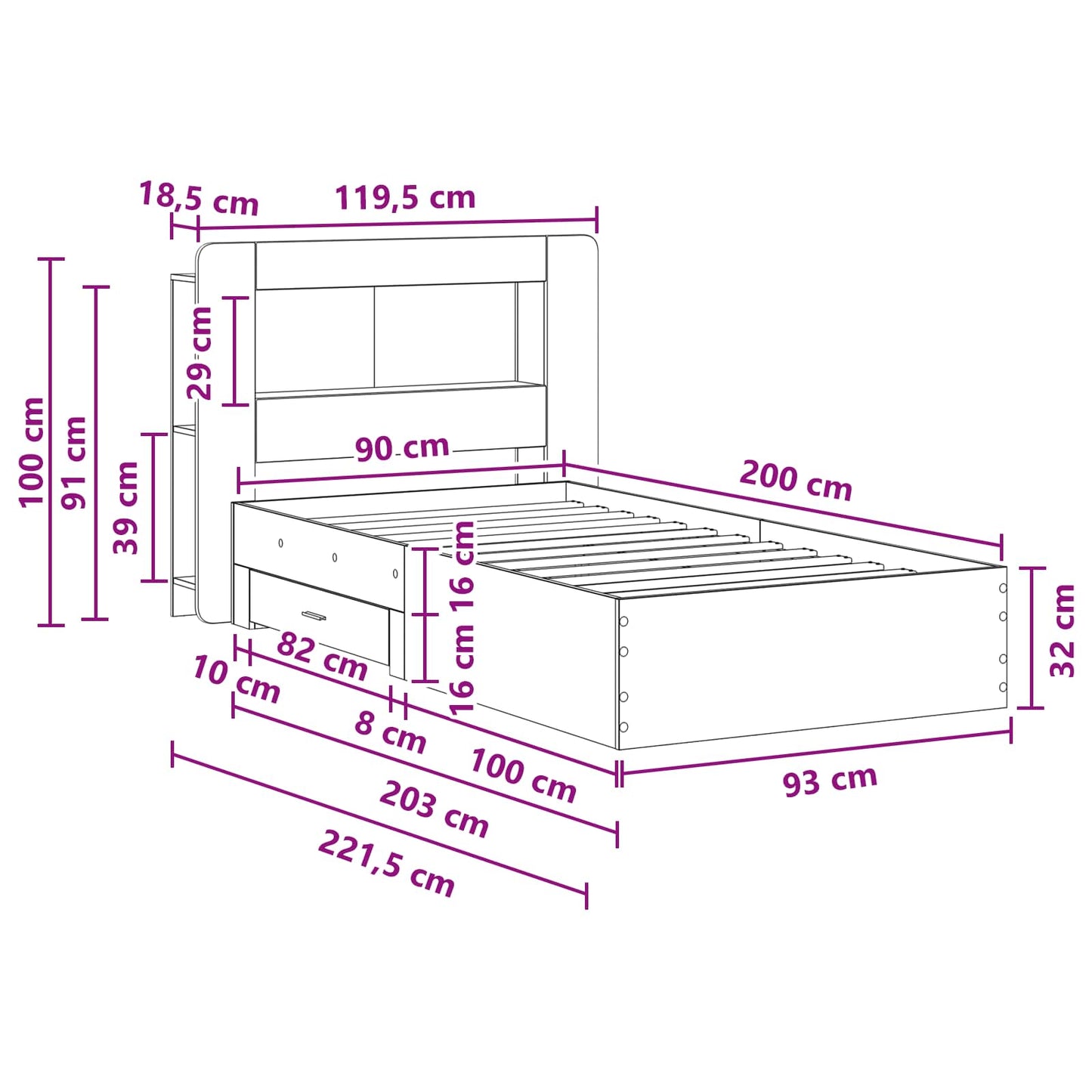 vidaXL Bed Frame with Storage Grey Sonoma 90 x 200 cm Engineered Wood