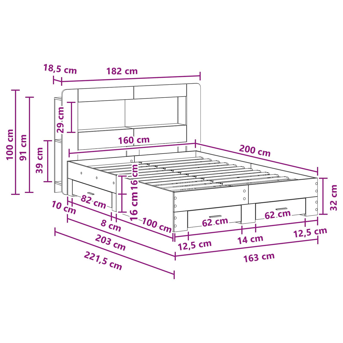 vidaXL Bed Frame with Storage Grey Sonoma 160 x 200 cm Engineered Wood