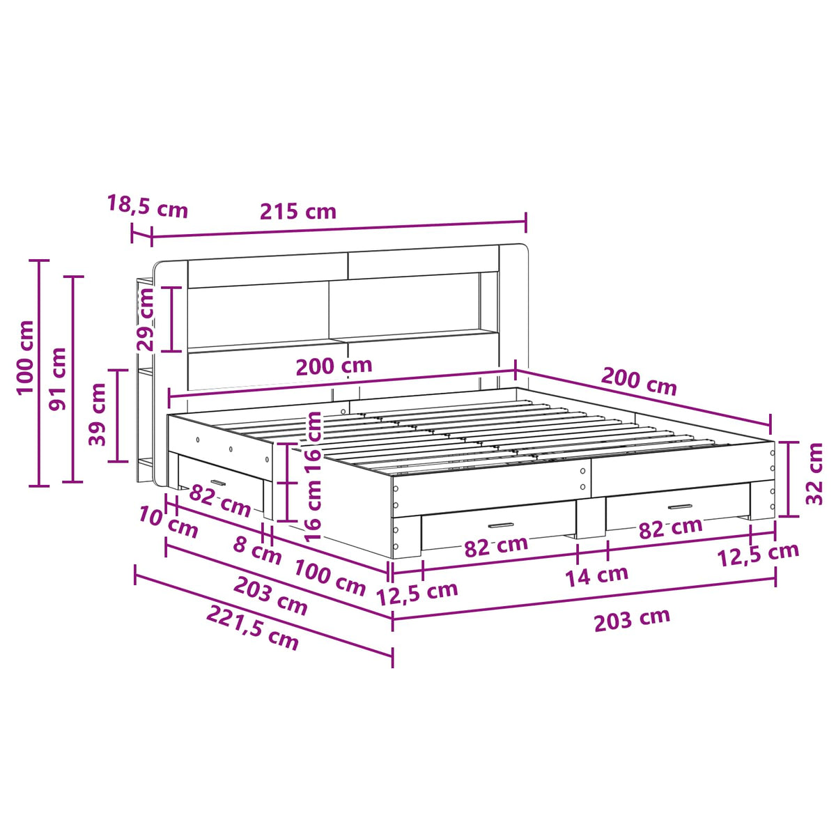 vidaXL Bed Frame with Storage Grey Sonoma 200 x 200 cm Engineered Wood