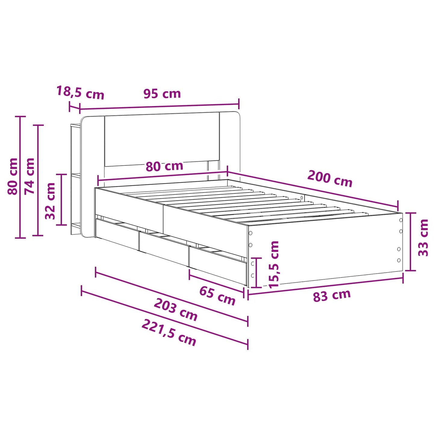 vidaXL Bed Frame with Storage and Headboard Sonoma Oak 80 x 200 cm