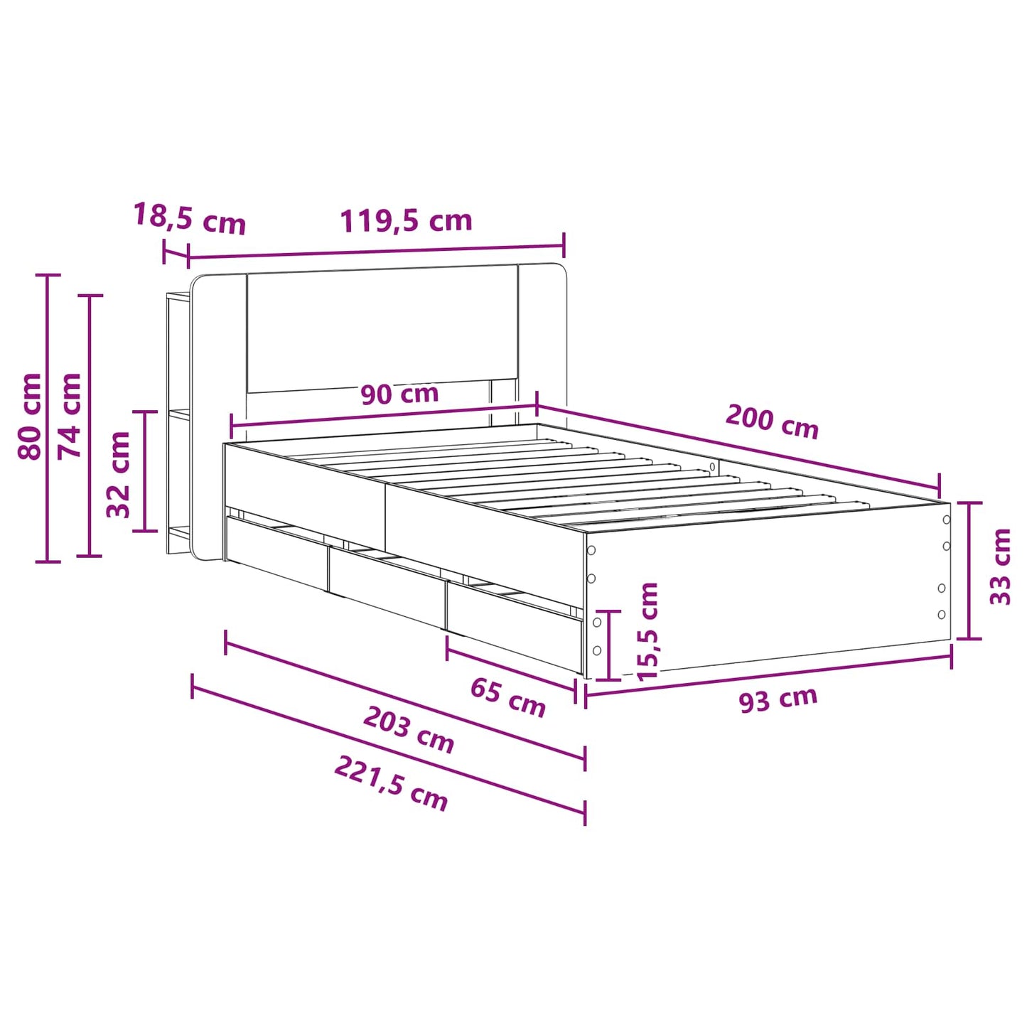 vidaXL Bed Frame with Storage Grey Sonoma 90 x 200 cm Engineered Wood