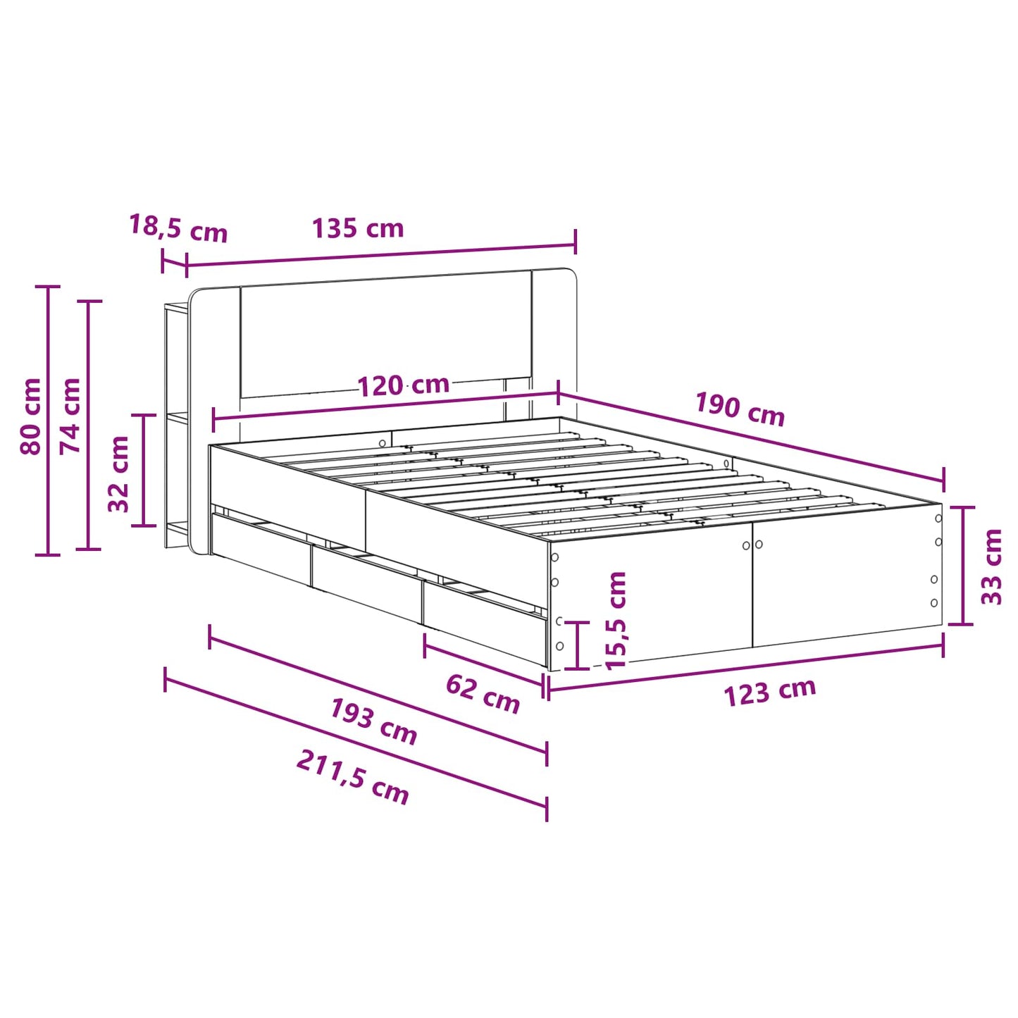 vidaXL Bed Frame with Storage Smoked Oak 120 x 190 cm Engineered Wood