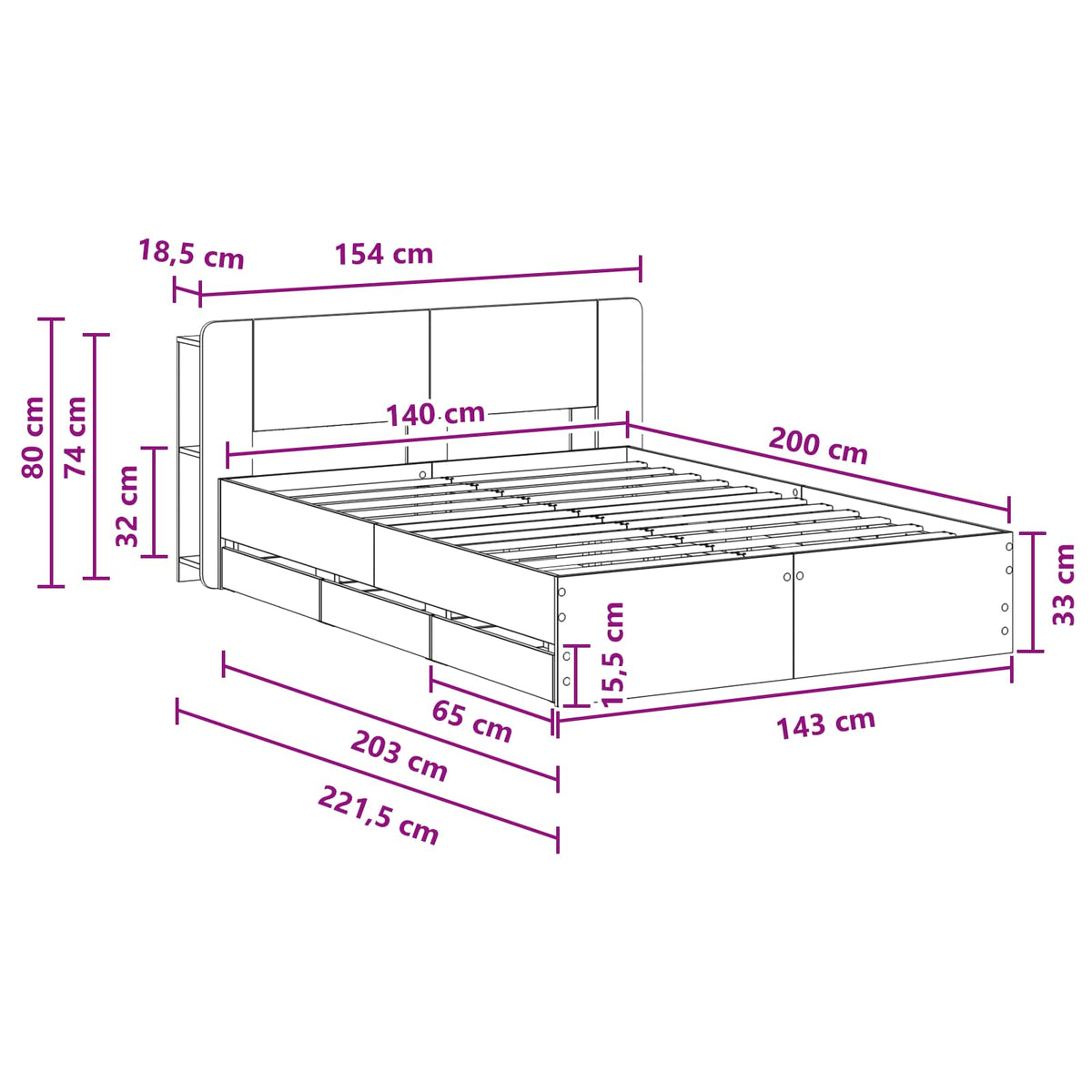 vidaXL Bed Frame with Storage and Headboard Grey Sonoma 140 x 200 cm