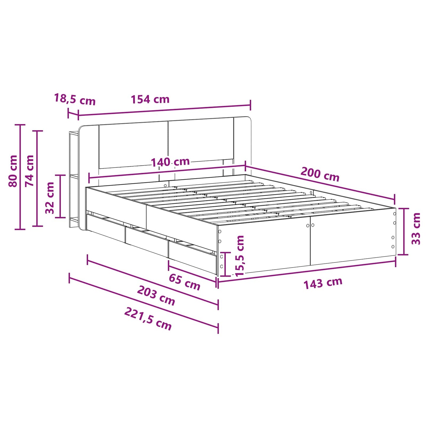 vidaXL Bed Frame with Storage Grey Sonoma 140 x 200 cm Engineered Wood