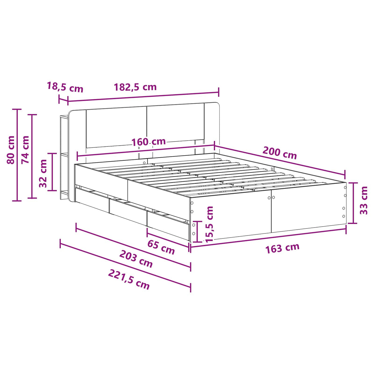 vidaXL Bed Frame with Storage and Headboard Grey Sonoma 160 x 200 cm