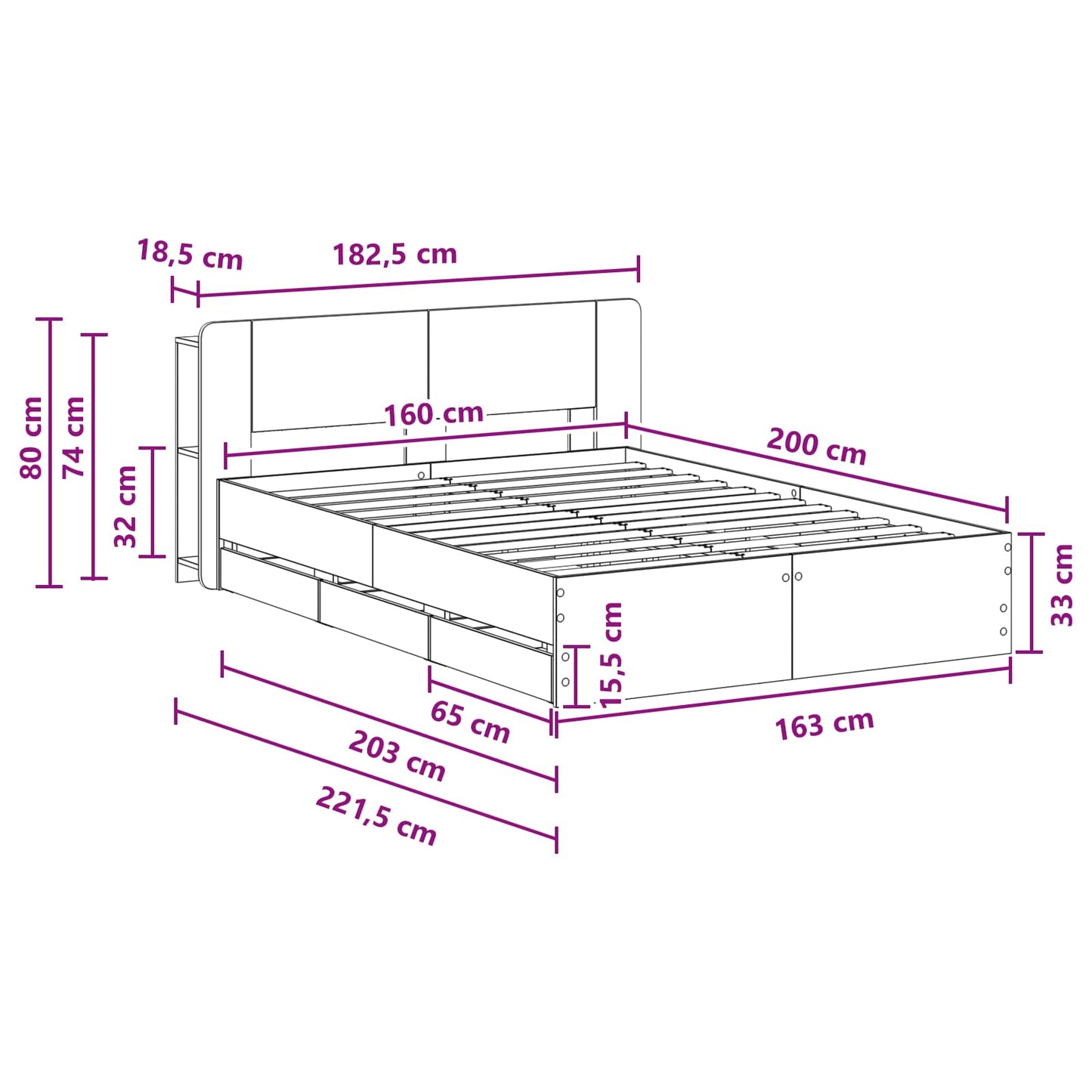 vidaXL Bed Frame with Storage Grey Sonoma 160 x 200 cm Engineered Wood