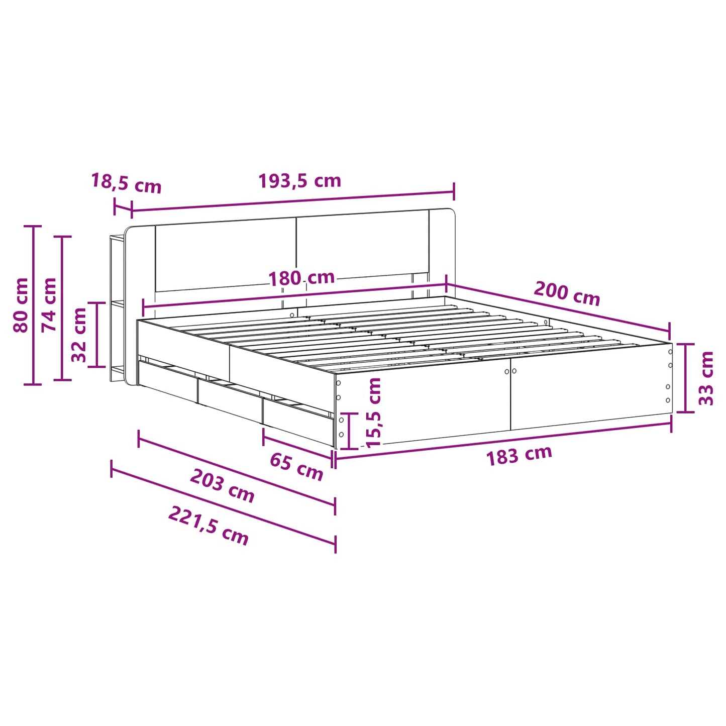vidaXL Bed Frame with Storage Grey Sonoma 180 x 200 cm Engineered Wood