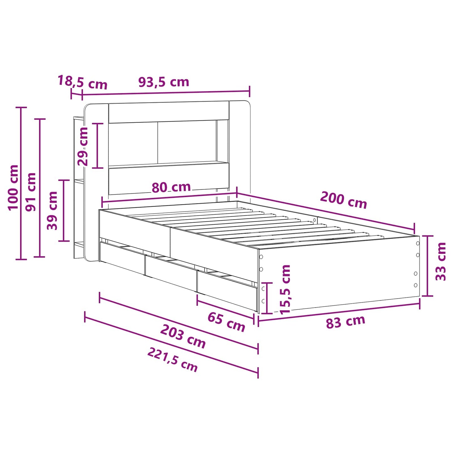 vidaXL Bed Frame with Storage Artisan Oak 80 x 200 cm Engineered Wood