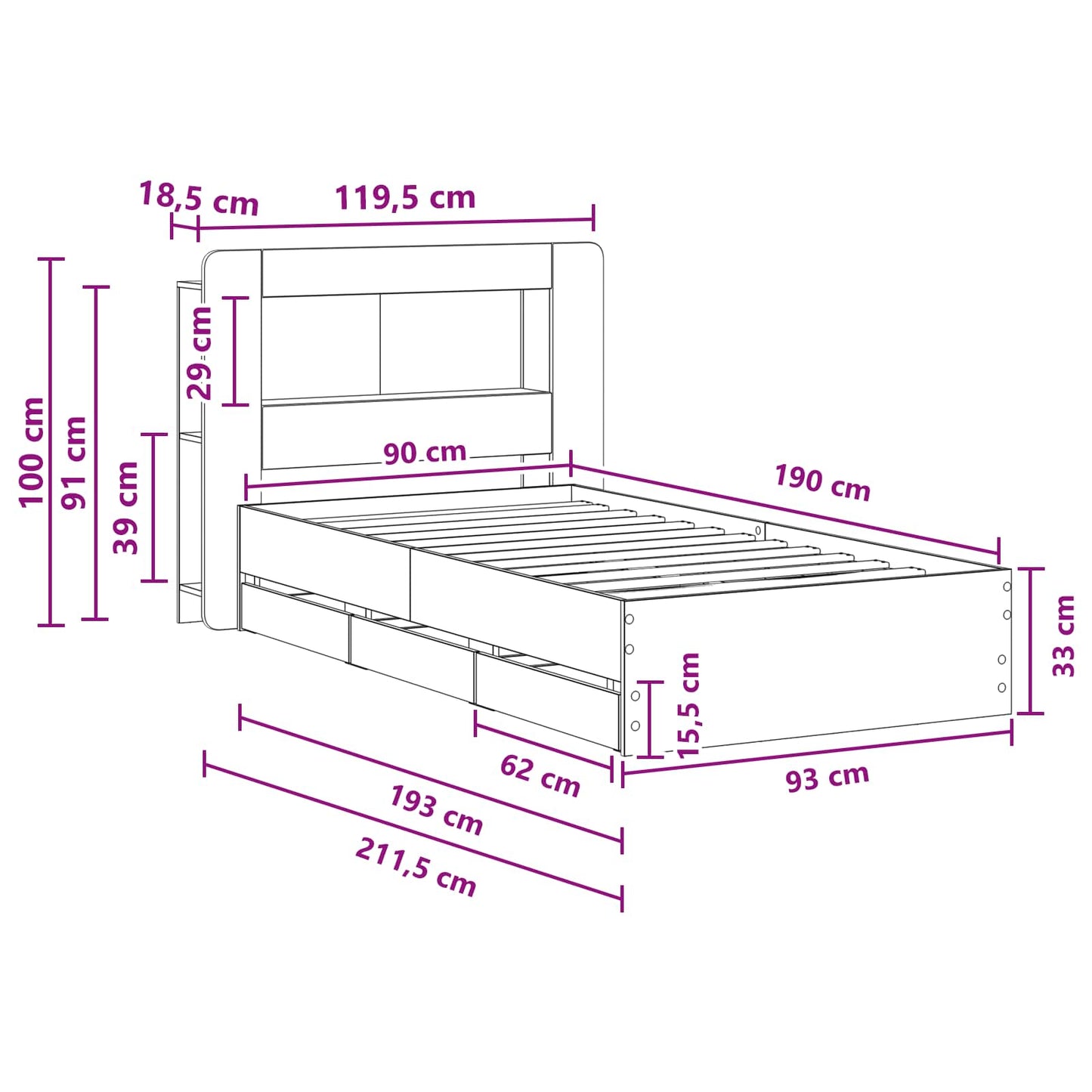 vidaXL Bed Frame with Storage Black 90 x 190 cm Engineered Wood