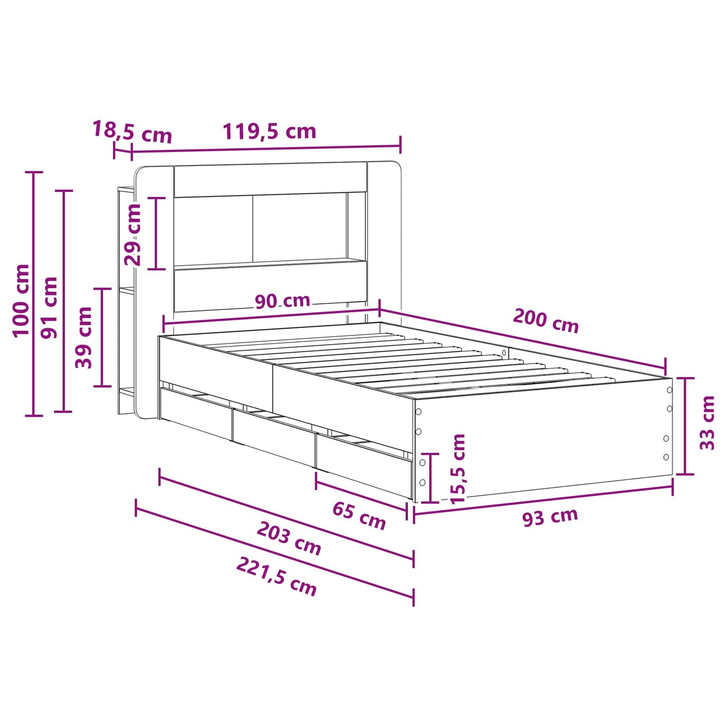 vidaXL Bed Frame with Storage and Headboard Grey Sonoma 90 x 200 cm