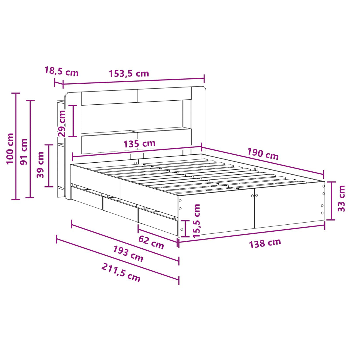 vidaXL Bed Frame with Storage and Headboard Smoked Oak 135 x 190 cm