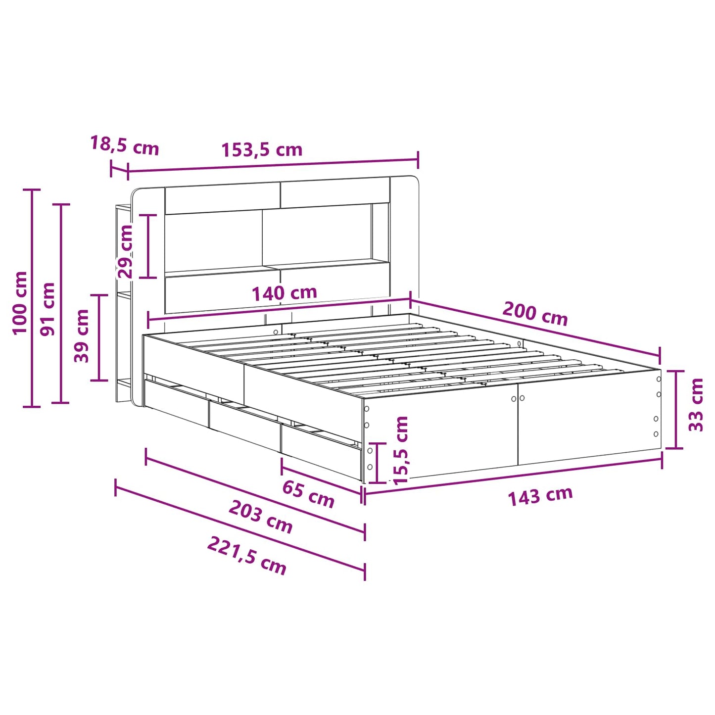 vidaXL Bed Frame with Storage Grey Sonoma 140 x 200 cm Engineered Wood