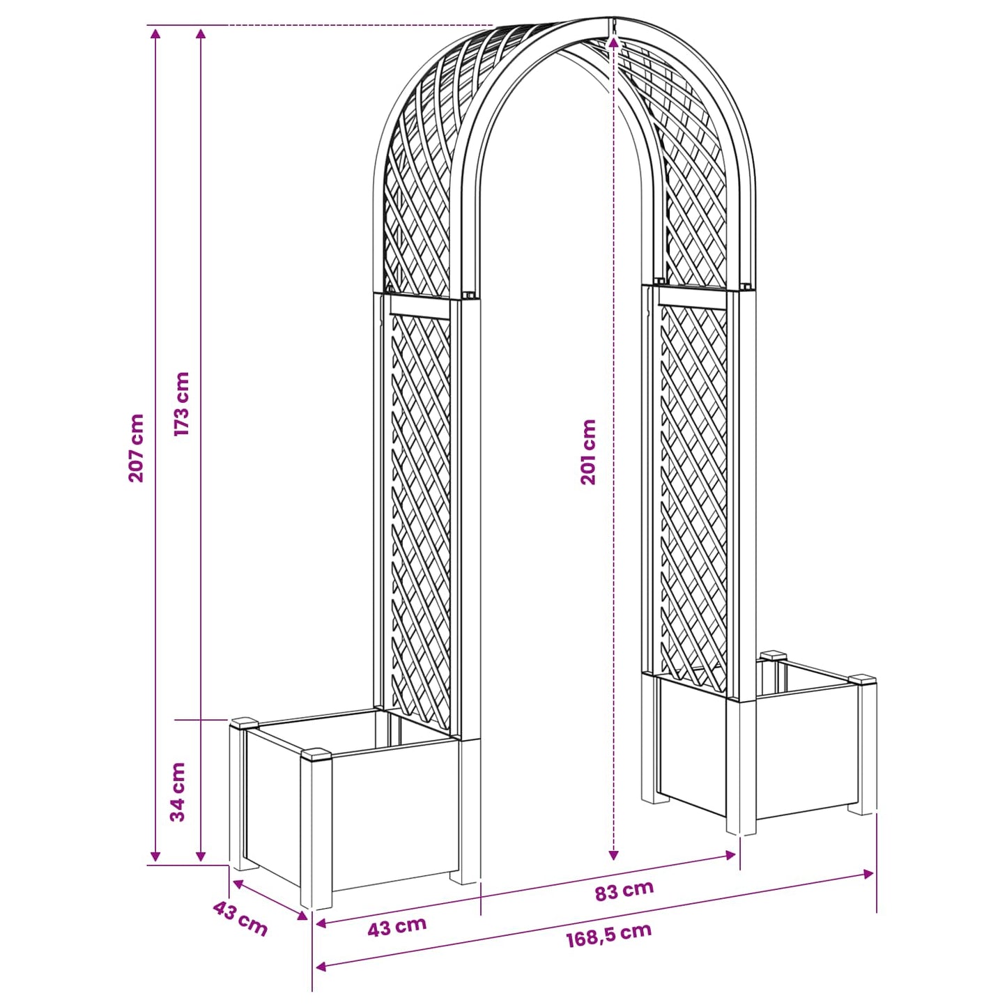 vidaXL Rose Arch with Planter White 168.5 x 43 x 207 cm PP