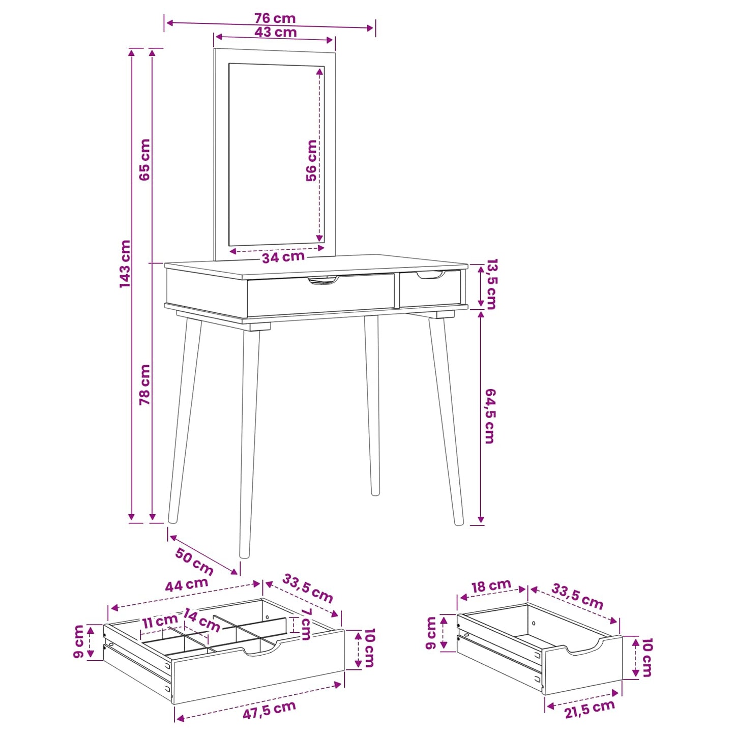 vidaXL Dressing Table Set FAUSKE 2 pcs White 76 x 50 x 143 cm