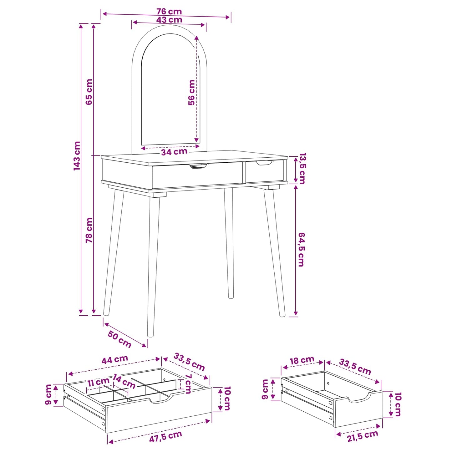 vidaXL Dressing Table Set FAUSKE 2 pcs White 76 x 50 x 143 cm