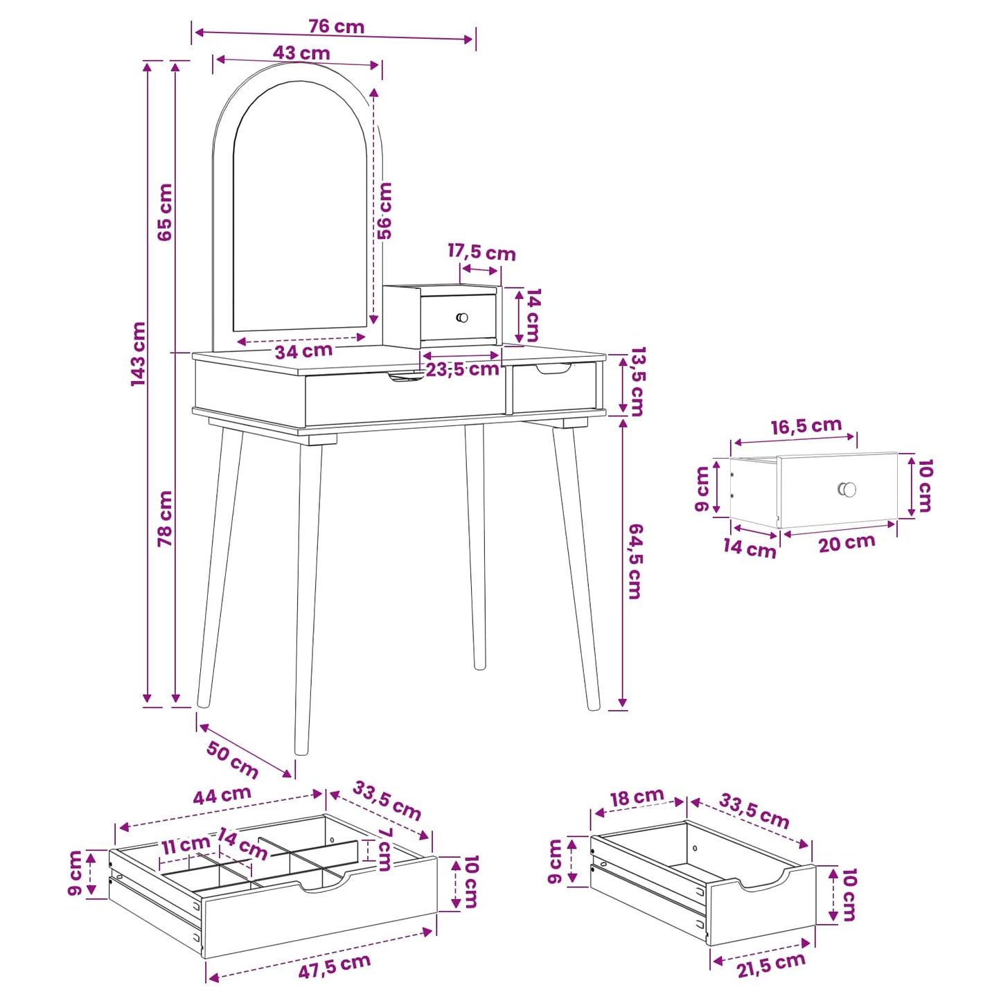 vidaXL Dressing Table Set FAUSKE 3 pcs White 76 x 50 x 143 cm