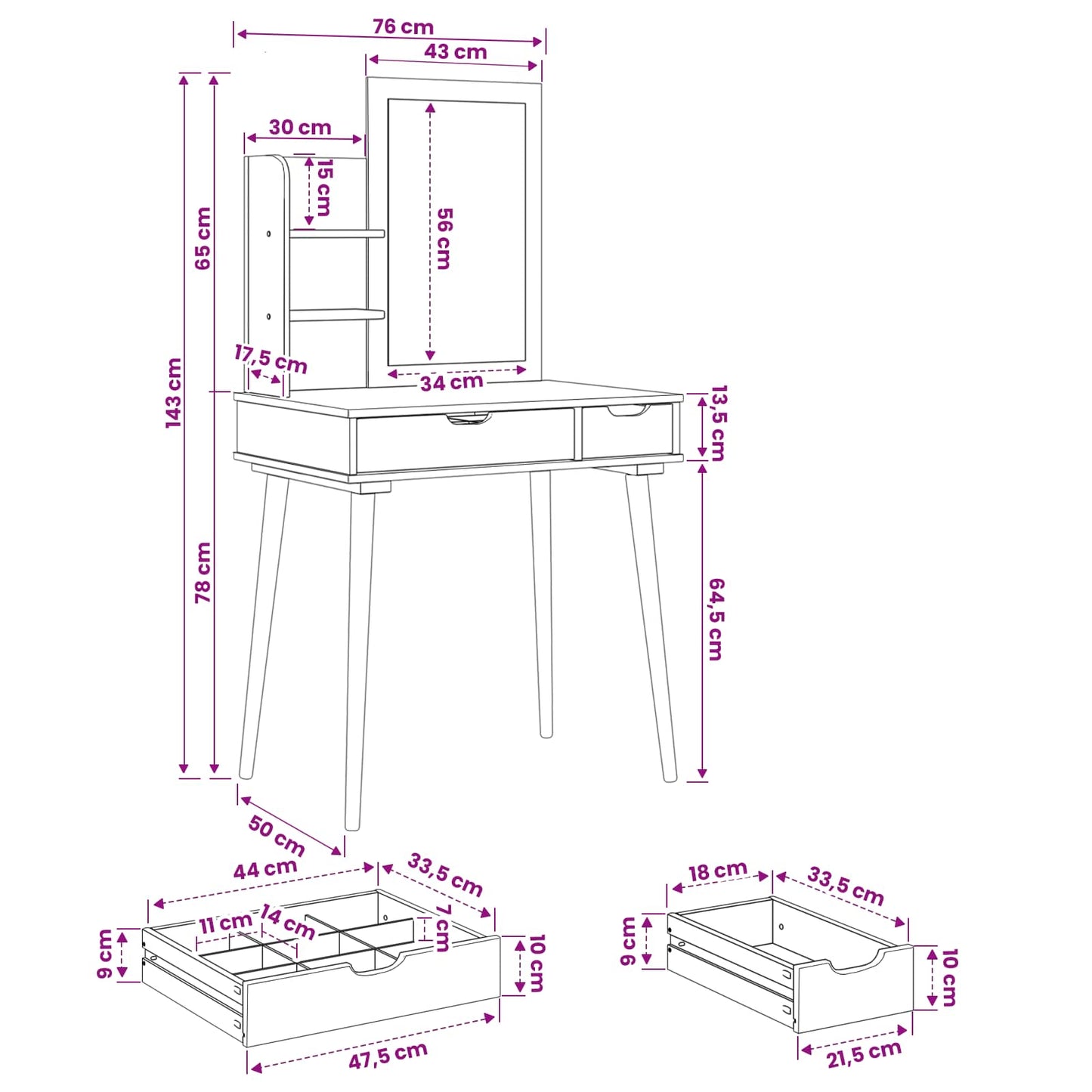 vidaXL Dressing Table Set FAUSKE 3 pcs White 76 x 50 x 143 cm