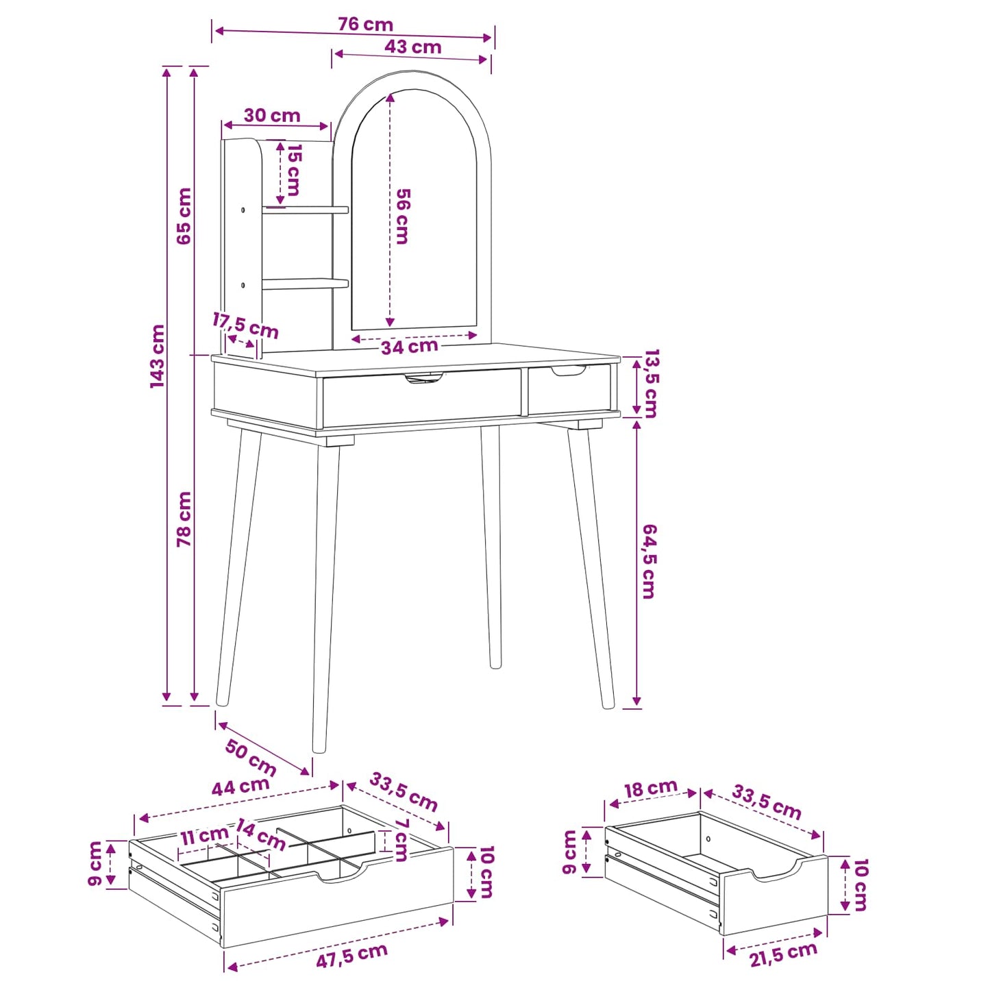 vidaXL Dressing Table Set FAUSKE 3 pcs White 76 x 50 x 143 cm