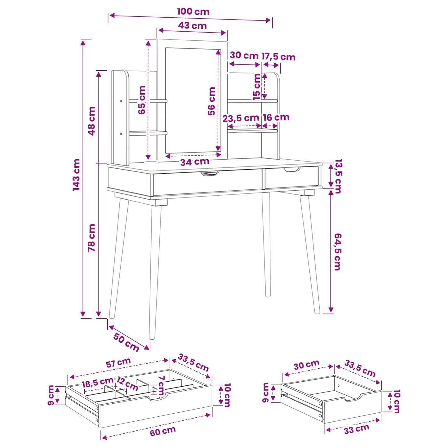 vidaXL Dressing Table Set FAUSKE 4 pcs White 100 x 50 x 143 cm