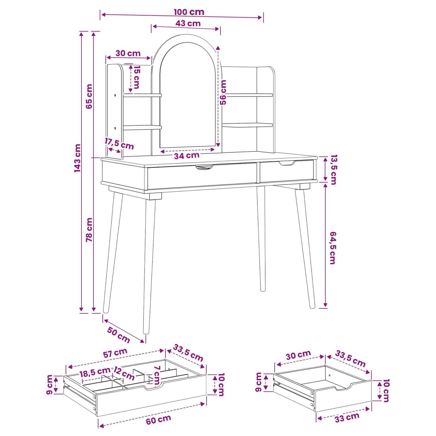 vidaXL Dressing Table Set FAUSKE 4 pcs White 100 x 50 x 143 cm