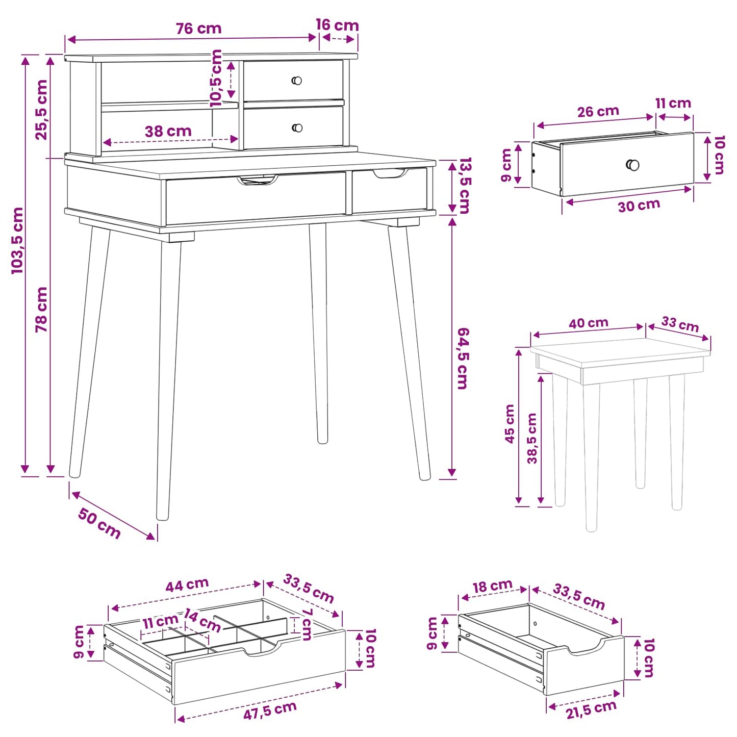 vidaXL Dressing Table Set FAUSKE 3 pcs White 76 x 50 x 103.5 cm