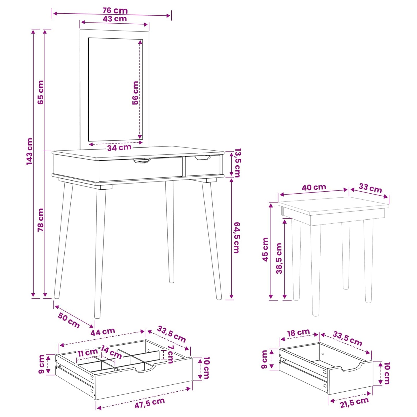 vidaXL Dressing Table Set FAUSKE 3 pcs White 76 x 50 x 143 cm