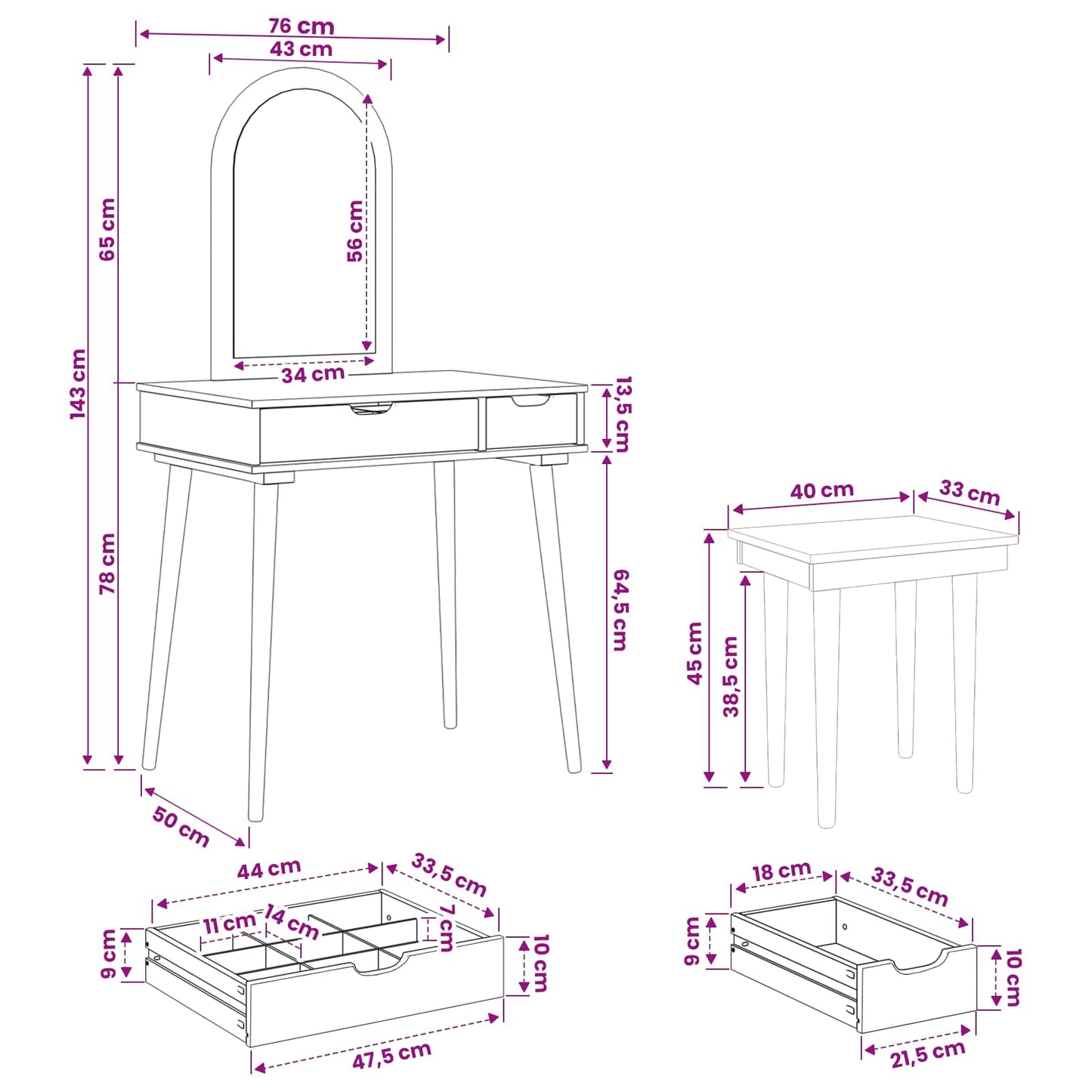 vidaXL Dressing Table Set FAUSKE 3 pcs White 76 x 50 x 143 cm