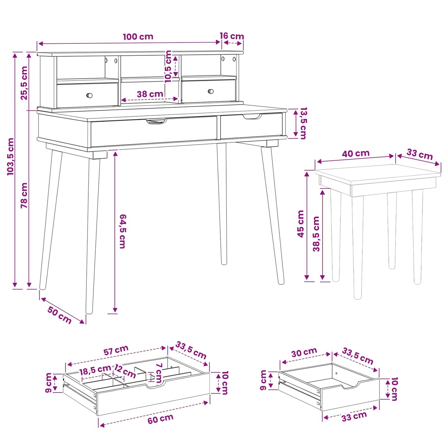 vidaXL Dressing Table Set FAUSKE 3 pcs White 100 x 50 x 103.5 cm